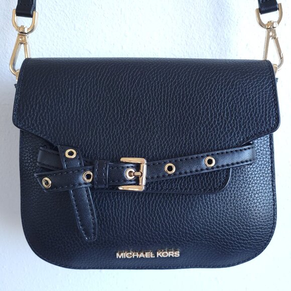 Michael Kors "Emilia" small saddle Leather Crossbody Bag in Black - Picture 2 of 9